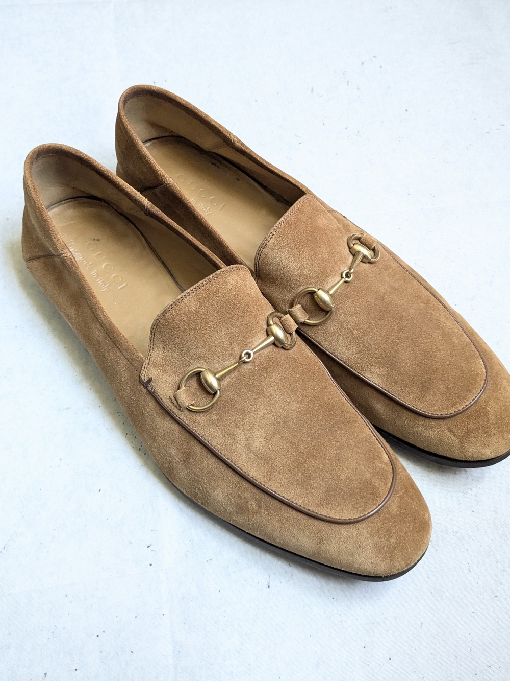 Gucci Men's Tan Suede Horsebit Loafers Size 12.5 Leather Slip Ons Brown